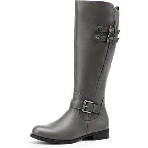 Women's Faux Leather Grey Knee High Buckle Chunky Heel Flat Riding Pirate Boots